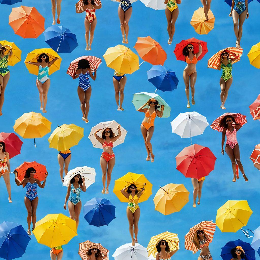 A dynamic beach scene showcasing diverse women in stylish and functional beachwear, featuring vibrant swimsuits, cover-ups, and accessories. Include elements such as sandy shores, sun umbrellas, and playful waves, capturing the essence of summer fun. Emphasize a variety of body types and ethnicities to reflect inclusivity. Bright and lively colors should dominate the scene for an energetic vibe. super-realistic. vibrant colors. summer vibe.