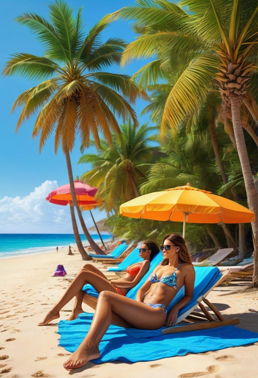 A tropical beach scene featuring a diverse group of stylish individuals wearing the latest bikini trends, lounging under colorful umbrellas, and sipping cocktails. The sun casts a golden glow on the vibrant sea and sandy shore, with palm trees gently swaying in the background. Include playful beach accessories like towels and sunglasses. super-realistic. vibrant colors. summer theme.