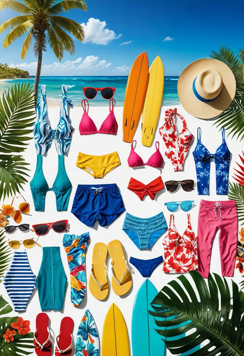 A vibrant collage of colorful swimwear displayed on a sun-soaked poolside with tropical plants, transitioning into dynamic ocean waves in the background. Include various styles like bikinis, one-pieces, and surf shorts, with surfboards and beach accessories accentuating the scene. Sunlight sparkles on the water, evoking a cheerful summer vibe. This image embodies the spirit of adventure and leisure by the water. super-realistic. bright colors. white background.